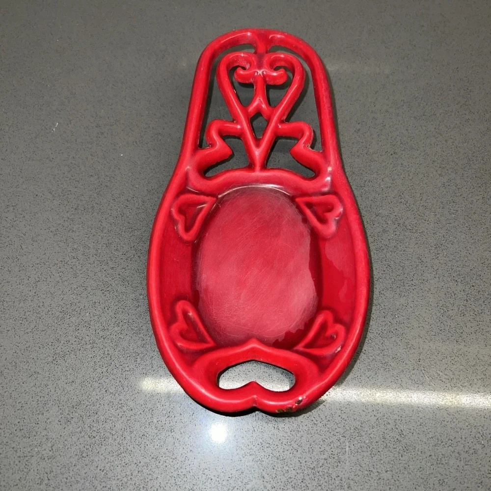 Vintage Cast  Iron Red Spoon Rest Hearts